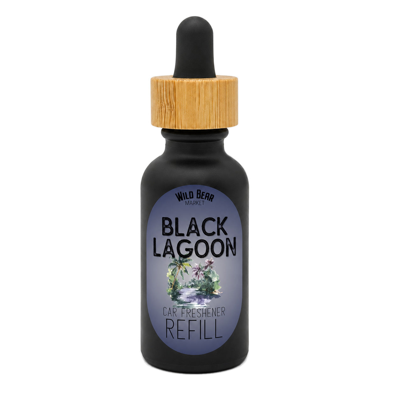 Black Lagoon Car Freshener Refill in a dark bottle with a bamboo-colored wooden dropper cap and a black rubber bulb, on a plain white background.