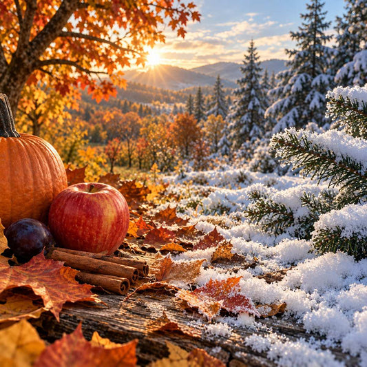 Pumpkin, apple, plum, cinnamon sticks, and golden autumn leaves blend into sparkling snow and fir branches in a sunlit woodland scene.