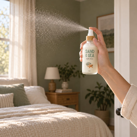 A woman's hand sprays Sand & Sea room spray into the air in a softly lit bedroom, with fine mist catching the sunlight.