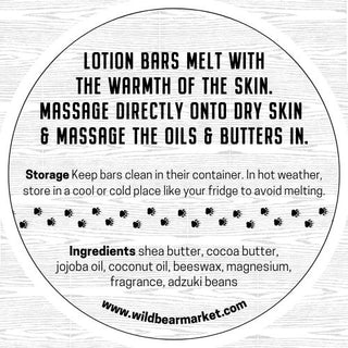 Solid lotion bar ingredients by Wild Bear Market