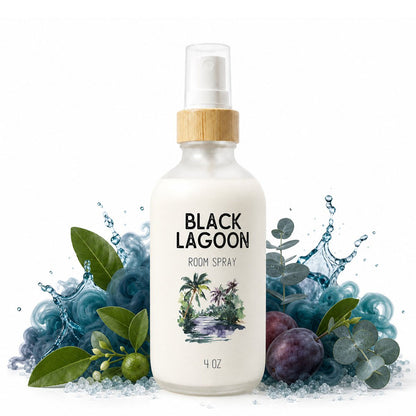 Black Lagoon Room Spray bottle with sea salt, dark plum, eucalyptus, and deep teal coastal water on a pure white background