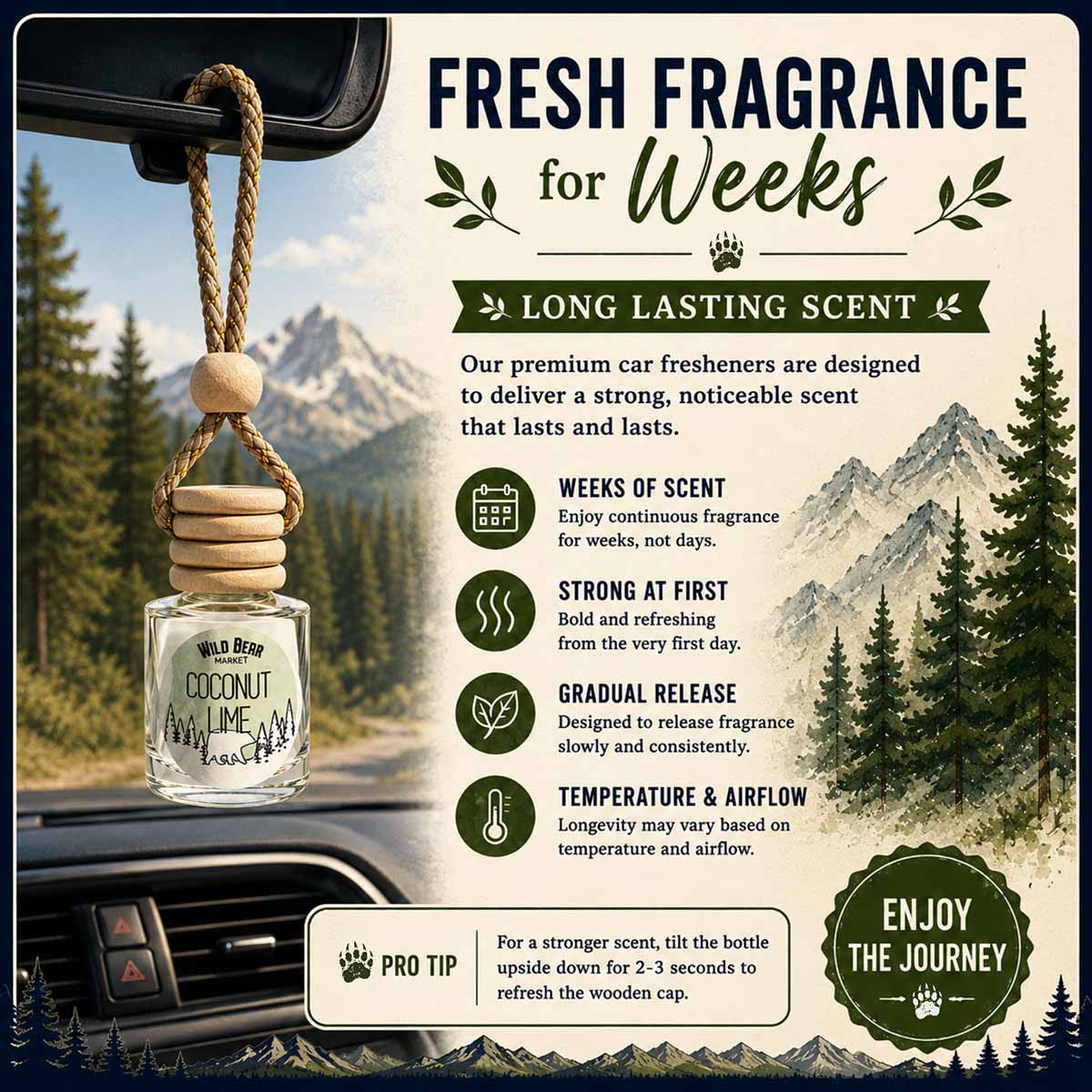 Wild Bear Market car freshener longevity: strong scent from day one with gradual release, fresh fragrance that lasts for weeks