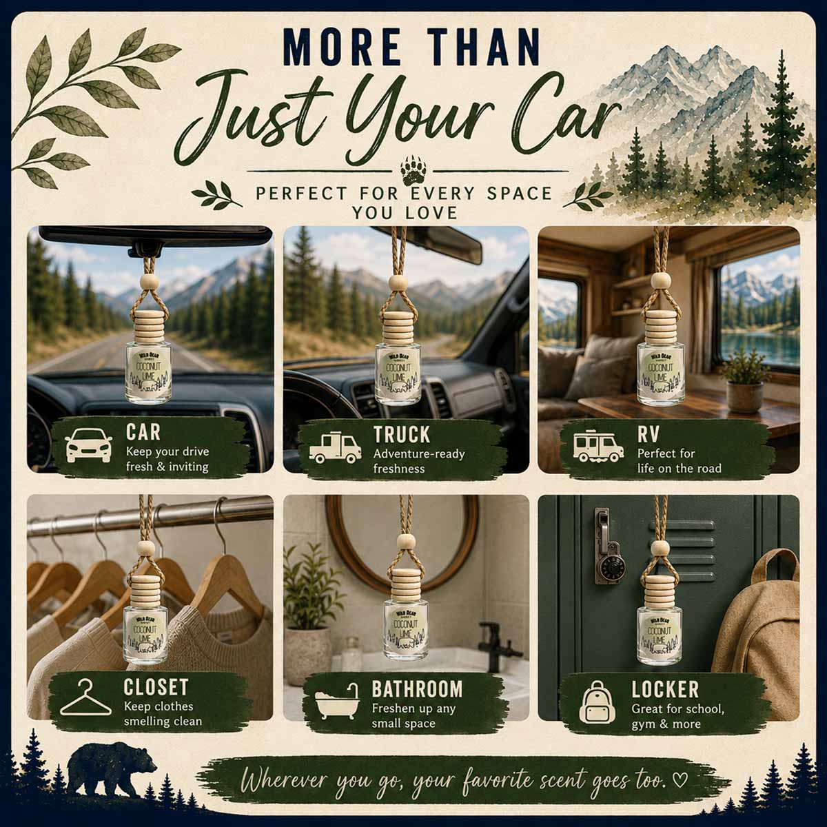 Wild Bear Market car freshener shown in a car, truck, RV, closet, bathroom, and locker: perfect for every space you love