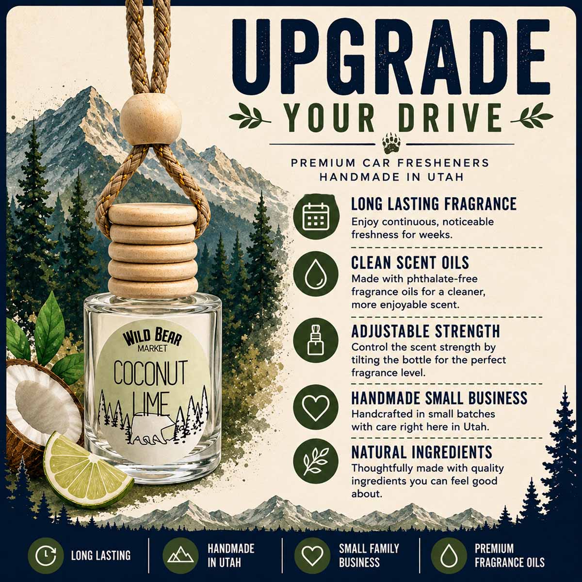 Wild Bear Market car freshener benefits: long lasting fragrance, clean phthalate-free scent oils, adjustable strength, handmade by a small family business in Utah