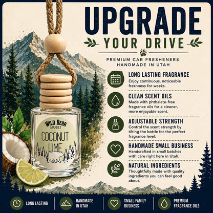 Wild Bear Market car freshener benefits: long lasting fragrance, clean phthalate-free scent oils, adjustable strength, handmade by a small family business in Utah