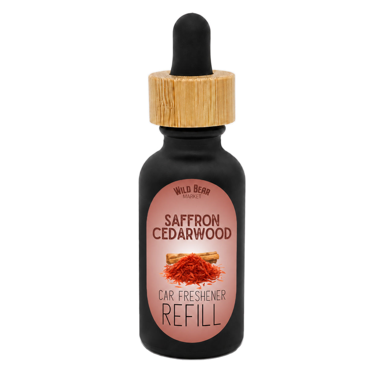 Saffron Cedarwood car freshener refill bottle with dropper