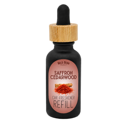 Saffron Cedarwood car freshener refill bottle with dropper