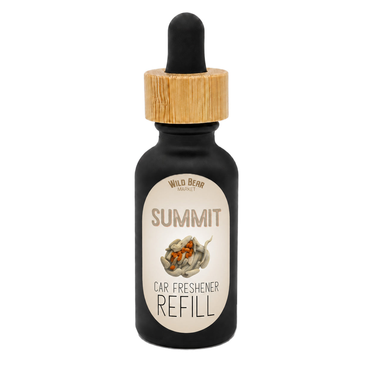 A bottle of Wild Bear Market Summit Car Freshener Refill, featuring a black glass bottle with a light wood dropper cap and a cream-colored label.