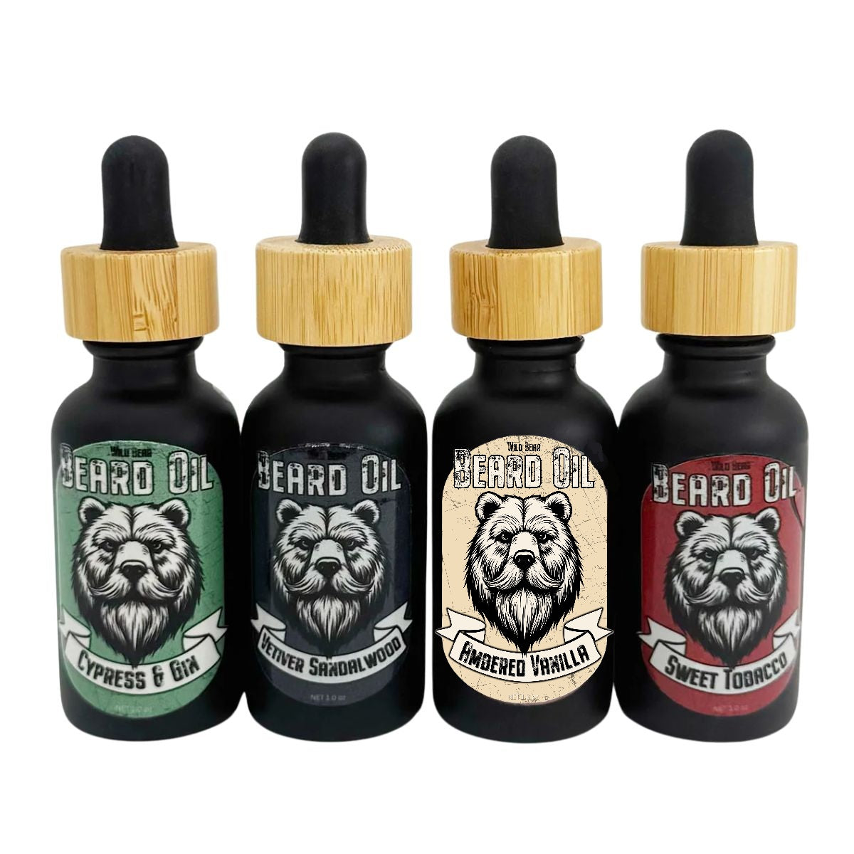 Four bottles of beard oil with different scent labels on a white background
